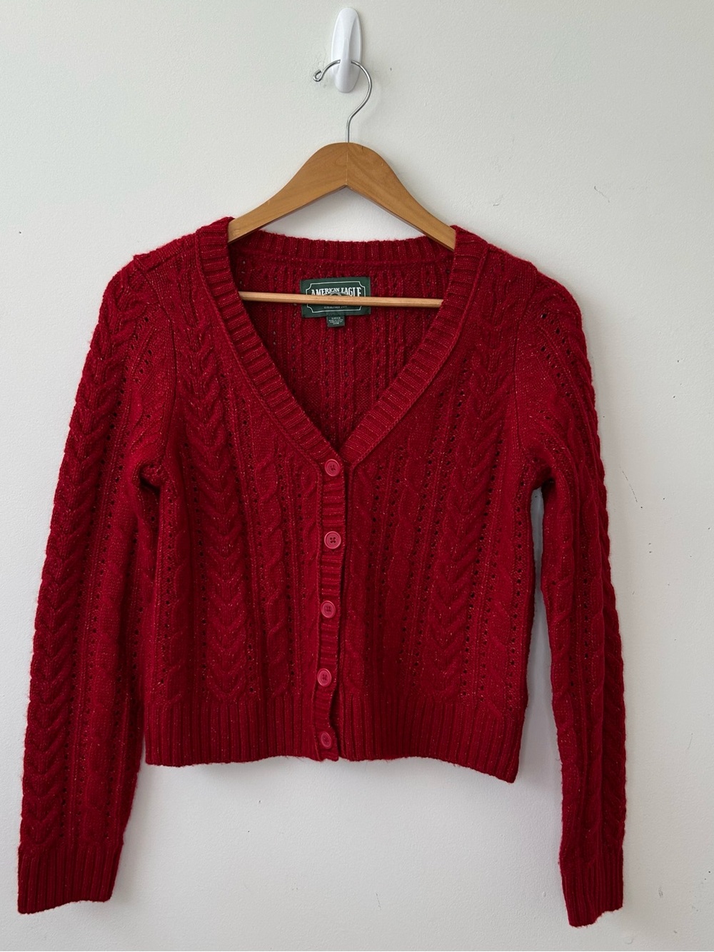 American Eagle Red Cable Knit Crop Cardigan Red Metallic Fleck Small